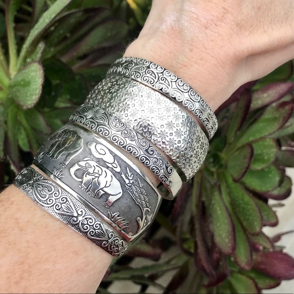 boutique Jewelry - 5 BANGLE SET silver carved cuff BRACELET ELEPHANT